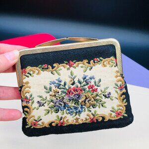 Vintage Needlepoint Tapestry Coin Purse: Victorian Floral - Gold Tone Clutch